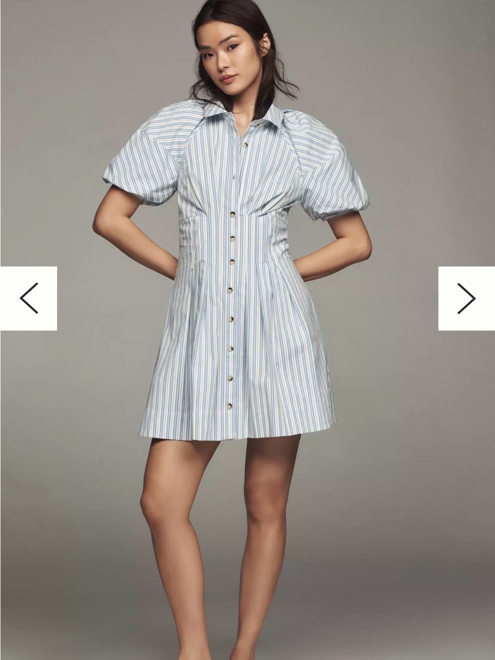By Anthropologie Puff-Sleeve Mini Shirt Dress Blue and White Stripe Size XS - Picture 2 of 9